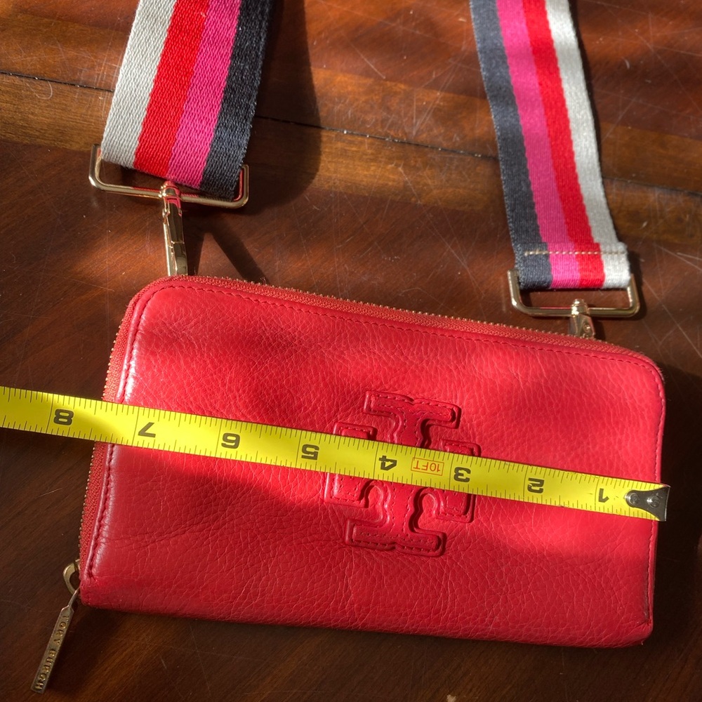 Tory Burch Red Leather Crossbody Wallet with Multicolor Stripe Strap - Picture 6 of 10